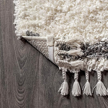 JONATHAN Y Mercer Shag Plush Tassel Cream/Gray Indoor Area Rug, 5x8, Moroccan Geometric Trellis, Bohemian, Easy-Cleaning for Living Room, Bedroom, Kitchen, Pet Friendly, Non-Shedding (MCR103B-5)