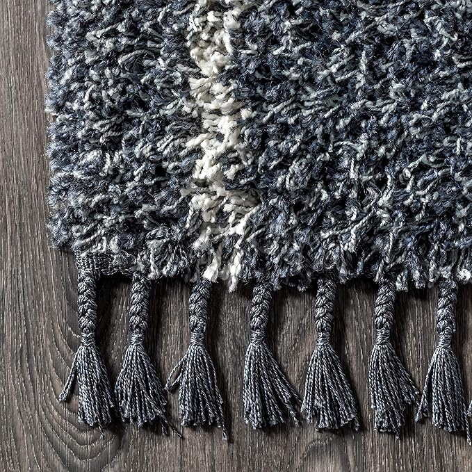 JONATHAN Y Mercer Shag Plush Tassel Blue/Cream Runner Rug, 2x8, Moroccan Geometric Trellis, Easy-Cleaning for Living Room, Bedroom, Kitchen, Pet Friendly, Non-Shedding (MCR101A-28)