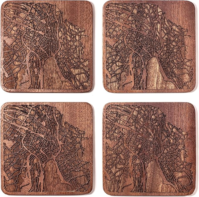 Zurich Map Coaster by O3 Design Studio, Set Of 4, Sapele Wooden Coaster With City Map, Handmade