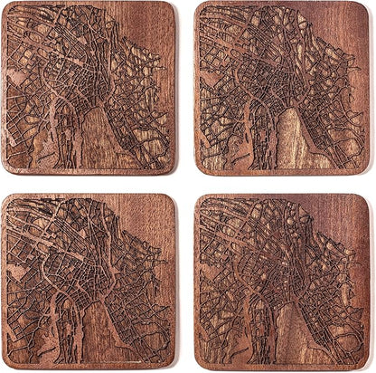 Zurich Map Coaster by O3 Design Studio, Set Of 4, Sapele Wooden Coaster With City Map, Handmade