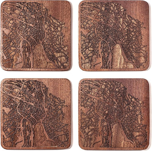 Zurich Map Coaster by O3 Design Studio, Set Of 4, Sapele Wooden Coaster With City Map, Handmade