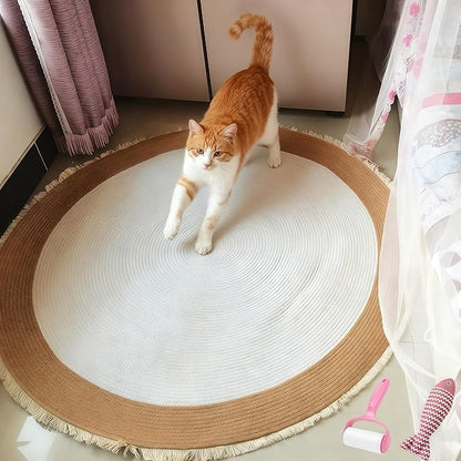 Cotton Rope Area Rug for Cats, Cat Scratching Rug, Washable Round Vintage Reversible Woven Tassel Rug, Soft and Stylish Home Accent, Easy Clean, Multiple Sizes (Off-White, 47" (120cm))
