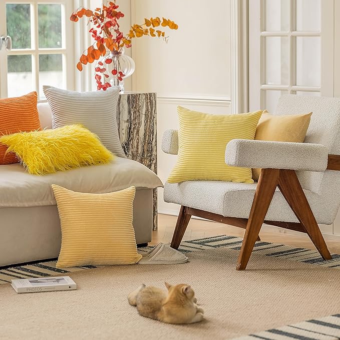 Home Brilliant Yellow Pillow Covers Decorative Set of 2 Striped Corduroy Plush Velvet Throw Pillows for Couch Fall Winter Decor, 18x18 inch, Light Yellow