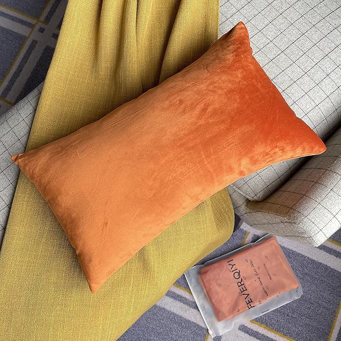 FEVERQIYI 12x20 Velvet Lumbar Throw Pillow Covers Set of 2 Burnt Orange Rectangular Sham Pillowcase Soft Solid Decorative Cushion Covers for Bedroom Living Room Outdoor Indoor Decoration