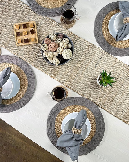 Chardin home Round Verona Woven Jute & Cotton Braided PLACEMAT (Set of 4), Size -15” Round, Color - Natural Jute with Grey Border