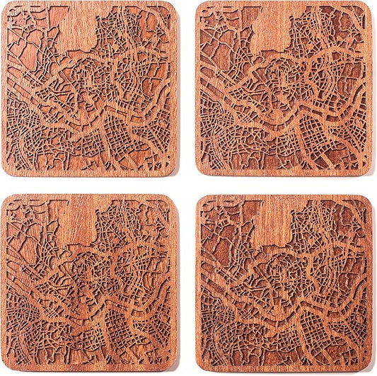 Seoul Map Coaster by O3 Design Studio, Set Of 4, Sapele Wooden Coaster With City Map, Handmade
