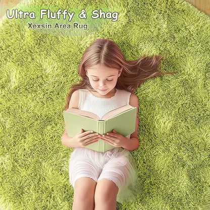 Round Fluffy for Bedroom Rugs, 5Ft Green Shag Circle Rug Non-Slip for Kids Girls Boys Bedroom Dorm Nursery Playroom, Soft Cute Area Rugs for Living Room Decor