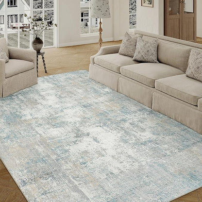6x9 Washable Area Rug Blue Cream Abstract Living Room Bedroom Carpet Neutral Modern Non-Slip Soft Low Pile Lightweight Vacuumable Throw Rug for Dining Room Kitchen