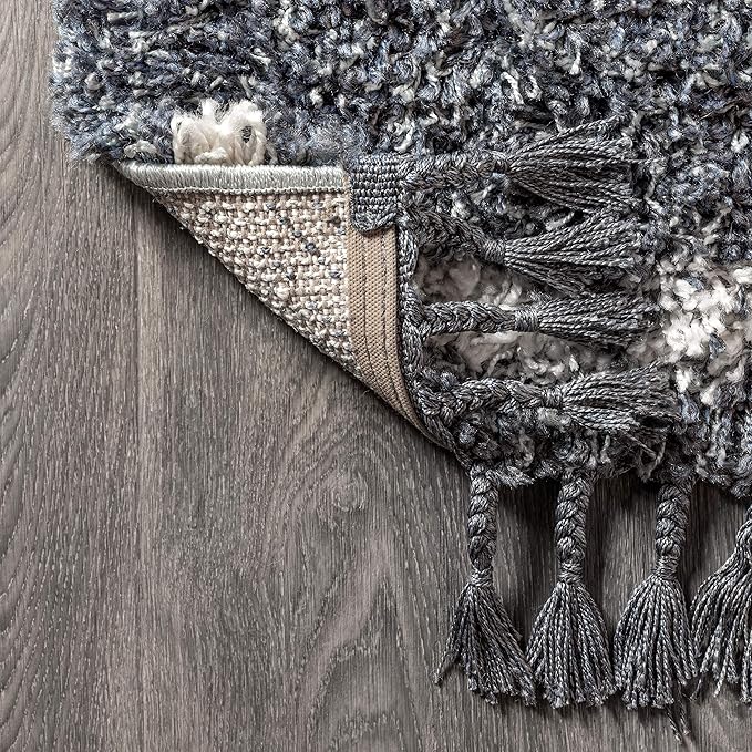JONATHAN Y Mercer Shag Plush Tassel Denim Blue/Cream Indoor Area Rug, 4x6, Moroccan Geometric Trellis, Bohemian, Easy-Cleaning for Living Room, Bedroom, Kitchen, Non-Shedding (MCR103A-4)