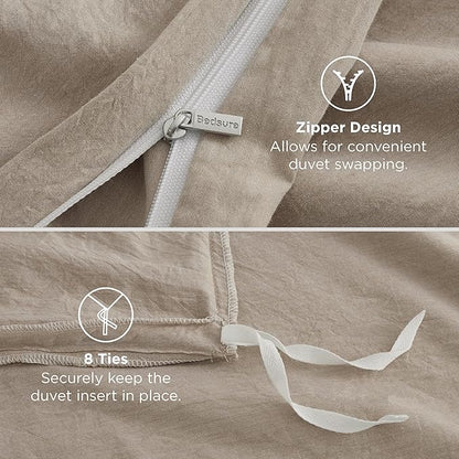 Bedsure 100% Washed Cotton Duvet Cover King Size - Frosted Almond Minimalist Cotton Duvet Cover Linen Like for All Seasons - GentleSoft™ Plain Simple Bedding (Frosted Almond, King, 104"x90")
