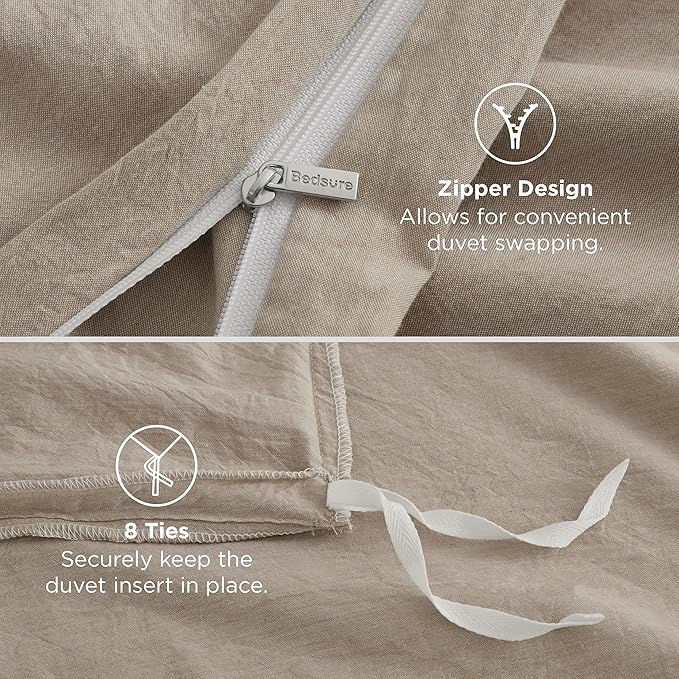 Bedsure 100% Washed Cotton Duvet Cover Twin - Frosted Almond Minimalist Cotton Duvet Cover Linen Like for All Seasons - GentleSoft™ Plain Simple Bedding (Frosted Almond, Twin, 68"x90")