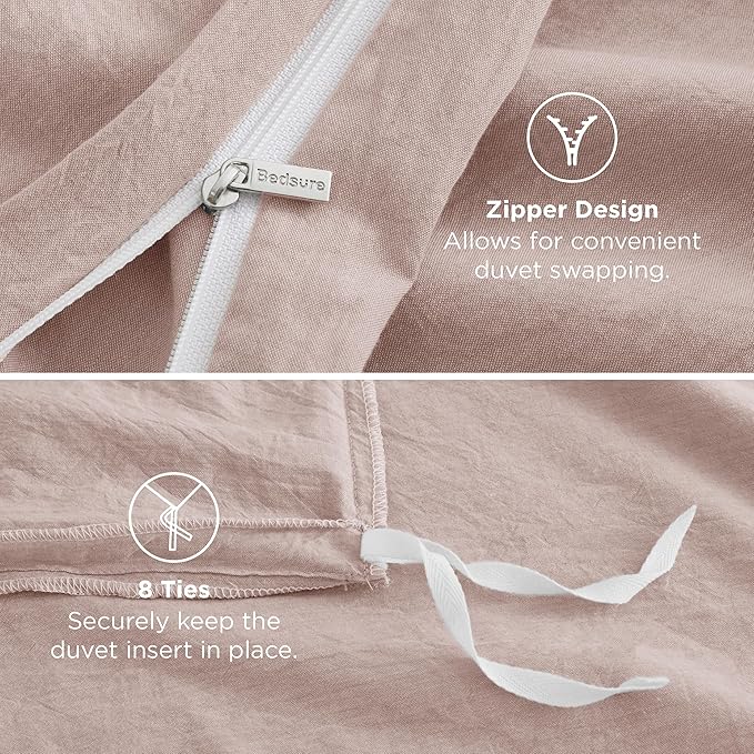 Bedsure 100% Washed Cotton Duvet Cover Queen Size - Petal Pink Minimalist Cotton Duvet Cover Linen Like for All Seasons - GentleSoft™ Plain Simple Bedding (Petal Pink, Queen, 90"x90")
