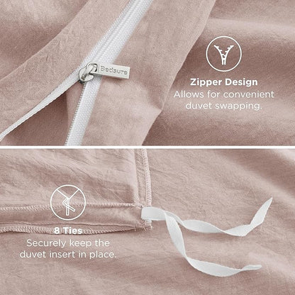 Bedsure 100% Washed Cotton Duvet Cover Queen Size - Petal Pink Minimalist Cotton Duvet Cover Linen Like for All Seasons - GentleSoft™ Plain Simple Bedding (Petal Pink, Queen, 90"x90")