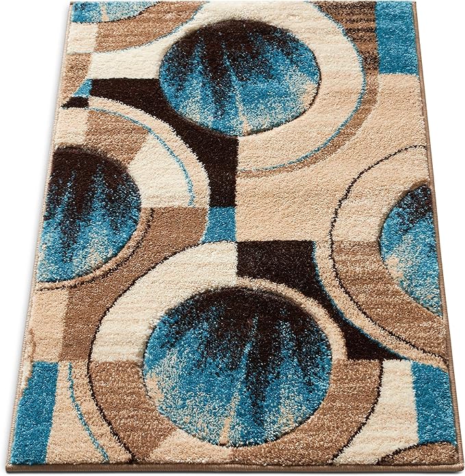 Well Woven Ruby Geometric 2x3 Mat Blue & Grey Vibrant Modern Contemporary Hand Carved Sunburst Design Perfect for Entryways & Small Spaces Plush Easy-Care Easy-to-Clean
