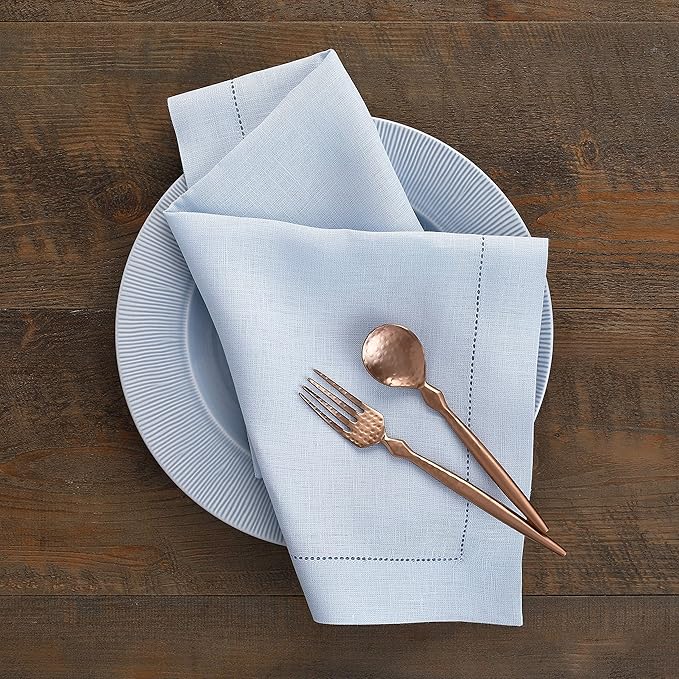 Solino Home Light Blue Linen Napkins Set of 4-100% Pure Linen Hemstitch Dinner Napkins 20 x 20 Inch for Winter, New Year - Classic Hemstitch