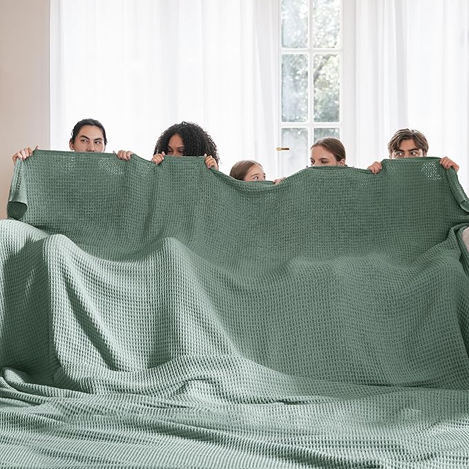 Bedsure Gentlesoft 100% Cotton Large Blanket Oversized King for Bed - Breathable Thick Waffle Weave Blanket for Summer, Couch Cover, Sage Green, 120x94 inches