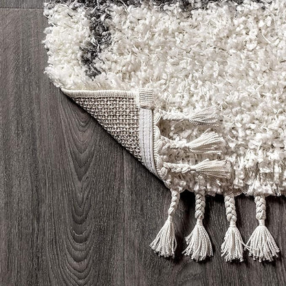 JONATHAN Y Mercer Shag Plush Tassel Ivory/Gray Indoor Area Rug, 3x5, Moroccan Geometric Trellis, Easy-Cleaning for Living Room, Bedroom, Kitchen, Pet Friendly, Non-Shedding (MCR101B-3)