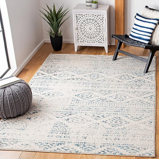 SAFAVIEH Tulum Collection Area Rug - 5'3" x 7'6", Ivory & Turquoise, Moroccan Boho Tribal Design, Non-Shedding & Easy to Clean, Ideal for Living Room, Bedroom, Dining Space (TUL272E)