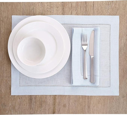 Solino Home Linen Cloth Placemats Set of 6-100% Pure Linen Hemstitch Light Blue Placemats 14 x 19 Inch - Classic Hemstitch Table Place Mats for Winter, New Year