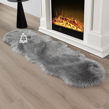 Faux Fur Rug Runner 2x6 ft Gery - Machine Washable Super Soft Plush Shaggy Fluffy Area Carpet,Sheepskin Rug Fuzzy Floor Mat for Bedroom, Sofa,Living Room, Bedside, Nursery & Kids Room