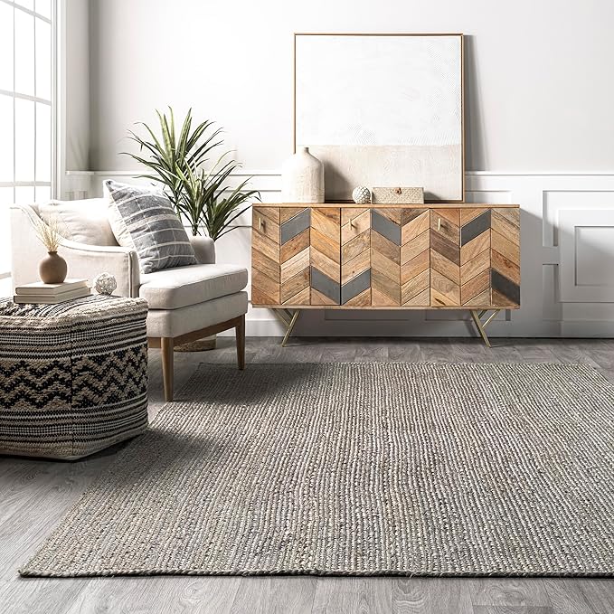 nuLOOM 8x10 Rigo Jute Hand Woven Area Rug, Grey, Solid Farmhouse Design, Natural Fiber, For Bedroom, Living Room, Dining Room, Hallway, Office, Kitchen, Entryway