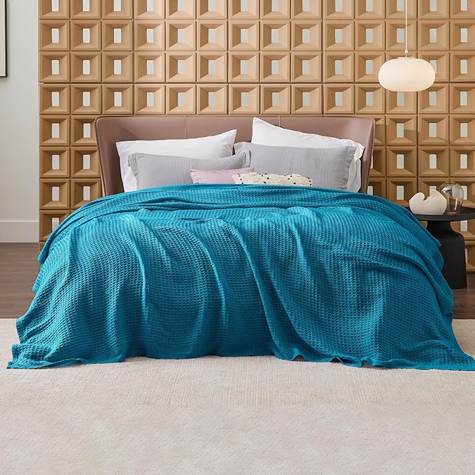 Bedsure Gentlesoft 100% Cotton Blanket King Size for Bed - Breathable and Soft, Thick Cozy Waffle Weave Christmas Blanket Gift for Women, Teal, 104x90 inches