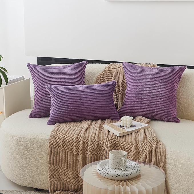 Home Brilliant Purple Throw Pillow Covers 12x20 Set of 2 Striped Velvet Corduroy Oblong Pillow Accent Lumbar Pillow Cover for Car Office Living Room, 12 x 20 inch, Eggplant