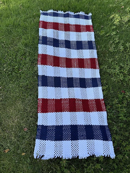 Handmade Mexican Chindi Rug-Colorful Washable Boho Rag Rug 5x2 ft Woven Runner for Kitchen, Bedroom, or Bath, Hippie Area Mat with Tassels, Mexican Style Floor Carpet-Rustic (Stripes Red and Blue)