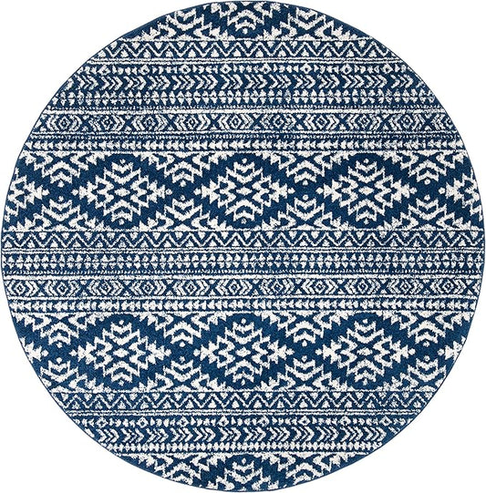 SAFAVIEH Tulum Collection Area Rug - 3' Round, Navy & Ivory, Moroccan Boho Tribal Design, Non-Shedding & Easy to Clean, Ideal for Entryway, Foyer, Accent Space, Bedroom (TUL272N)