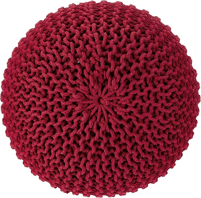 REDEARTH · Round Pouf Ottoman - Hand Knitted Cable Boho Poof - Foot Stool Bean Bag - Home Décor Stuffed Footrest for Living Room - Nursery - Bedroom - 100% Cotton Poufs (19.5"x19.5"x14") - Red
