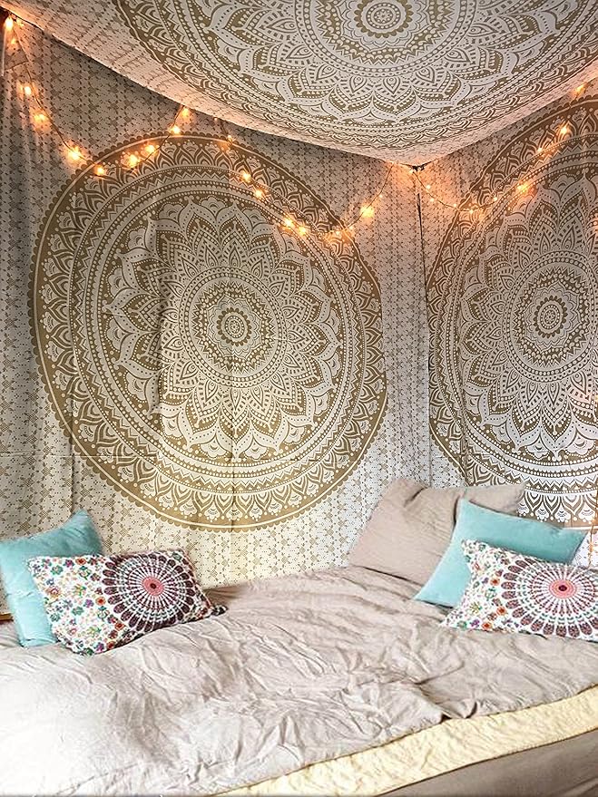 raajsee Gold Mandala Tapestry Bedroom Aesthetic - Indie Wall Tapestries Hippie Room Decor - Boho White Trippy Wall Hanging - Golden Mandalas Wall Art 52x82 inches