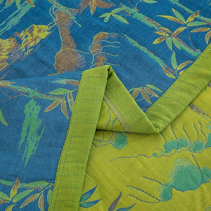 100% Cotton Muslin Jacquard 3 Piece Quilt Set Botanical Bamboo Leaf Print, Soft 3 Layers Gauze Bed Cover Reversible Bedspread Coverlet Breathable Lightweight Bedding Set, Queen