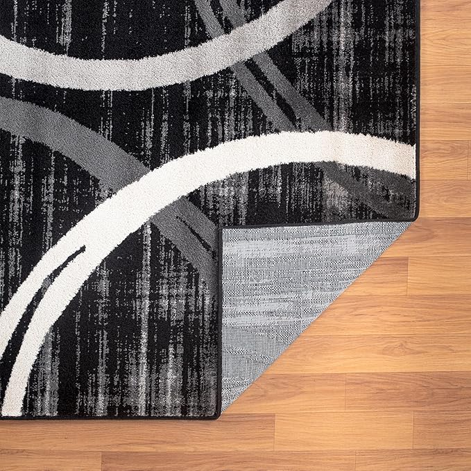 Rugshop Modern Wavy Circles Design Area Rug, Carpet with Jute Backing for Living Room, Bedroom, or Home Office, Black, 5'3" x 7'3"
