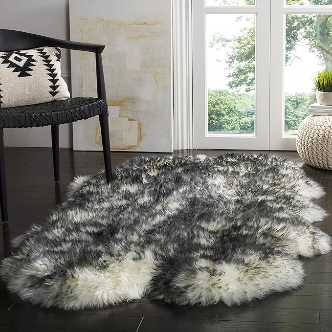 SAFAVIEH Sheep Skin Collection Accent Rug - 3'7" x 5'11", Ivory & Dark Charcoal, Handmade Rustic Glam Genuine Pelt, 3.4-inch Thick Ideal for High Traffic Areas in Foyer, Living Room, Bedroom (SHS121G)