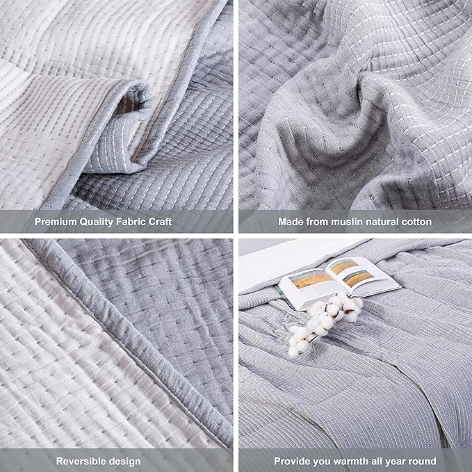 NTBAY 3 Layers Cotton Muslin 68x92 Twin Bed Blanket, Super Soft Breathable Thermal Yarn Dyed Quilt for Adults, Perfect Lightweight Blanket for Couch Sofa Bed All Seasons, Grey Dot