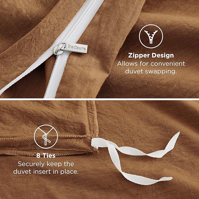 Bedsure 100% Washed Cotton Duvet Cover Queen Size - Hazelnut Brown Minimalist Cotton Duvet Cover Linen Like Breathable - GentleSoft™ Plain Simple Bedding (Hazelnut Brown, Queen, 90"x90")