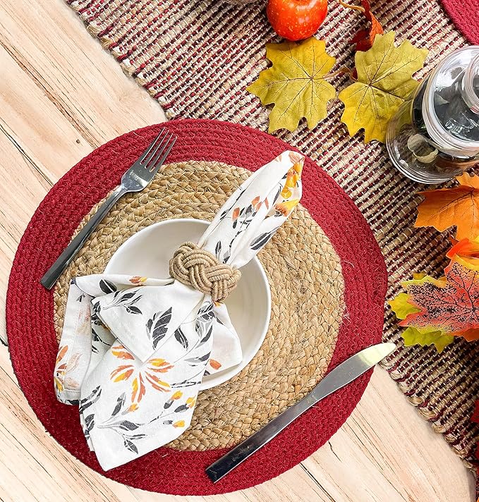 CHARDIN HOME Round Verona Woven Jute & Cotton Braided PLACEMAT (Set of 4), Size -15 inch, Round, Color - Natural Jute with Red Border