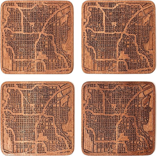 Las Vegas Map Coaster by O3 Design Studio, Set Of 4, Sapele Wooden Coaster With City Map, Handmade