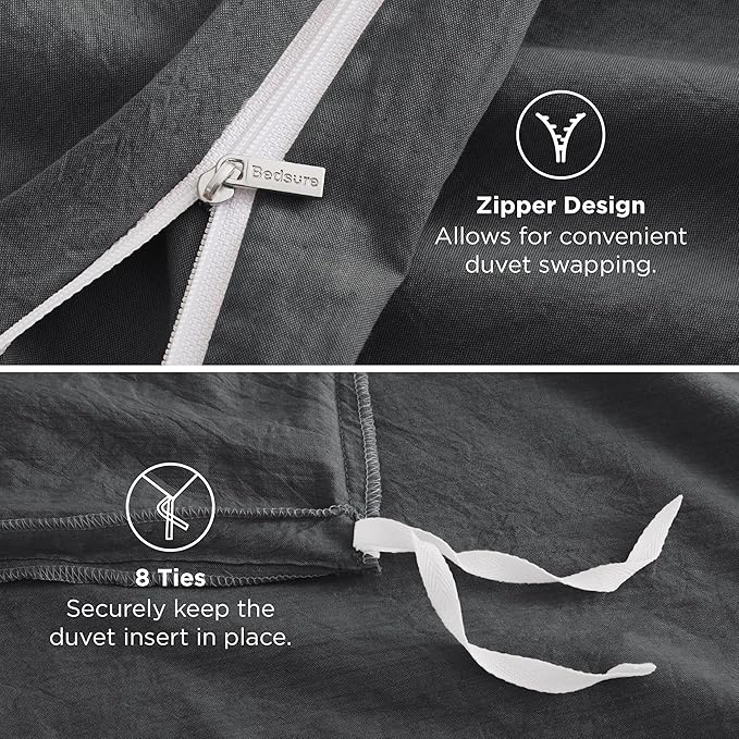 Bedsure 100% Washed Cotton Duvet Cover King - Charcoal Minimalist Cotton Duvet Cover Linen Like for All Seasons - GentleSoft™ Plain Simple Bedding (Charcoal, King, 104"x90")