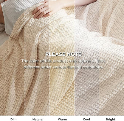 Bedsure Gentlesoft 100% Cotton Blanket Queen Size for Bed - Breathable and Soft, Thick Cozy Waffle Weave Christmas Blanket Gift for Women, Yellowish Cream, 90x90 Inches
