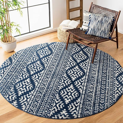 SAFAVIEH Tulum Collection Area Rug - 9' Round, Navy & Ivory, Moroccan Boho Tribal Design, Non-Shedding & Easy to Clean, Ideal for Living Room, Bedroom, Dining Space (TUL272N)