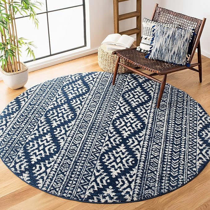 SAFAVIEH Tulum Collection Area Rug - 12' Round, Navy & Ivory, Moroccan Boho Tribal Design, Non-Shedding & Easy to Clean, Ideal for Living Room, Bedroom, Dining Space (TUL272N)