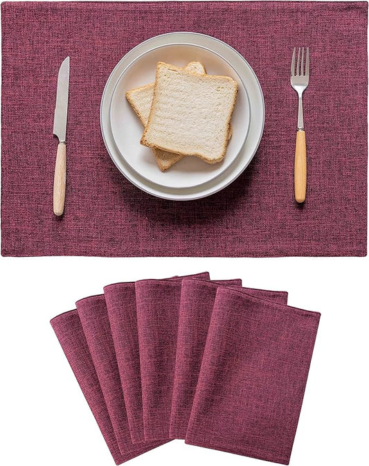Home Brilliant Red Placemats for Holiday Linen Placemats Heat Resistant Dining Table Mats Kitchen Place Mats Dinner Christmas Decor, Set of 6, Wine Red