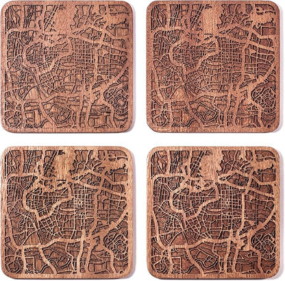 Guangzhou Map Coaster by O3 Design Studio, Set Of 4, Sapele Wooden Coaster With City Map, Handmade