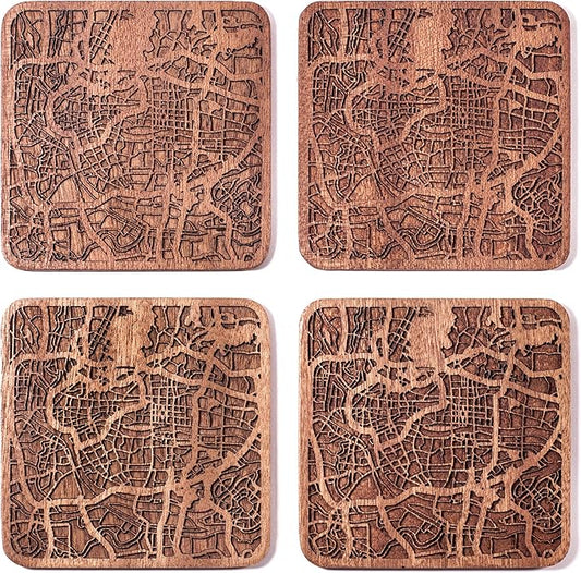 Guangzhou Map Coaster by O3 Design Studio, Set Of 4, Sapele Wooden Coaster With City Map, Handmade