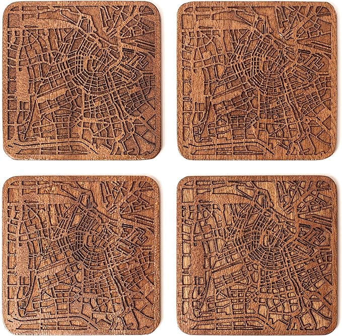 Amsterdam Map Coaster by O3 Design Studio, Set Of 4, Sapele Wooden Coaster With City Map, Handmade