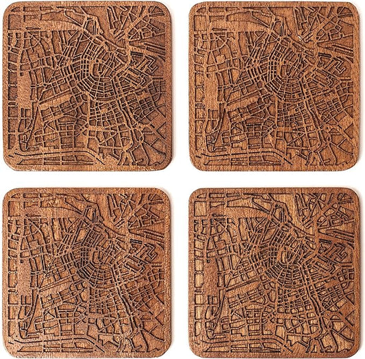 Amsterdam Map Coaster by O3 Design Studio, Set Of 4, Sapele Wooden Coaster With City Map, Handmade