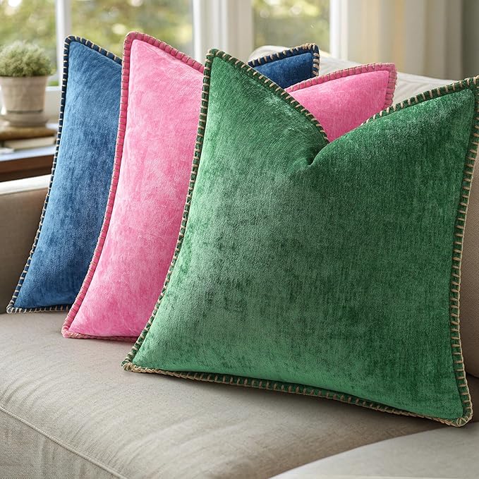 decorUhome Spring Chenille Soft Throw Pillow Covers 16x16 Set of 2, Farmhouse Velvet Neutral Decorative Pillow Covers with Stitched Edge for Couch Sofa Bed Home Decor, Green