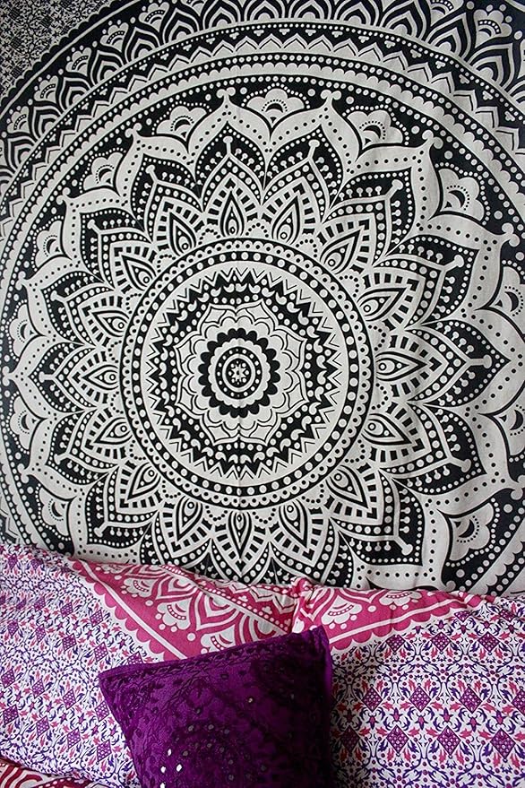 raajsee Grey Black Mandala Tapestry Bedroom Aesthetic - Indie Wall Tapestries Hippie Room Decor - Boho White Trippy Tapestrys Wall Hanging - Mandalas Wall Art 82x92 Inches