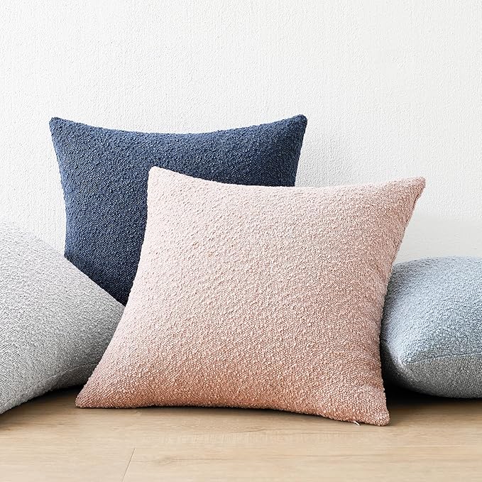 Mixhug Decorative Boucle Throw Pillow Covers, Pink, 18 x 18 Inches, Pack of 2 - Textured Boho Pillow Covers for Couch and Bed